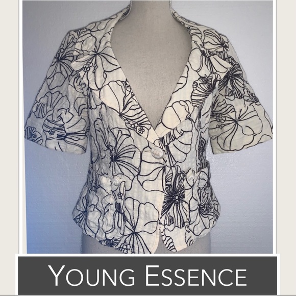 Young Essence Jackets & Blazers - 💕Young Essence Ivory Blazer with Black Floral Stitching